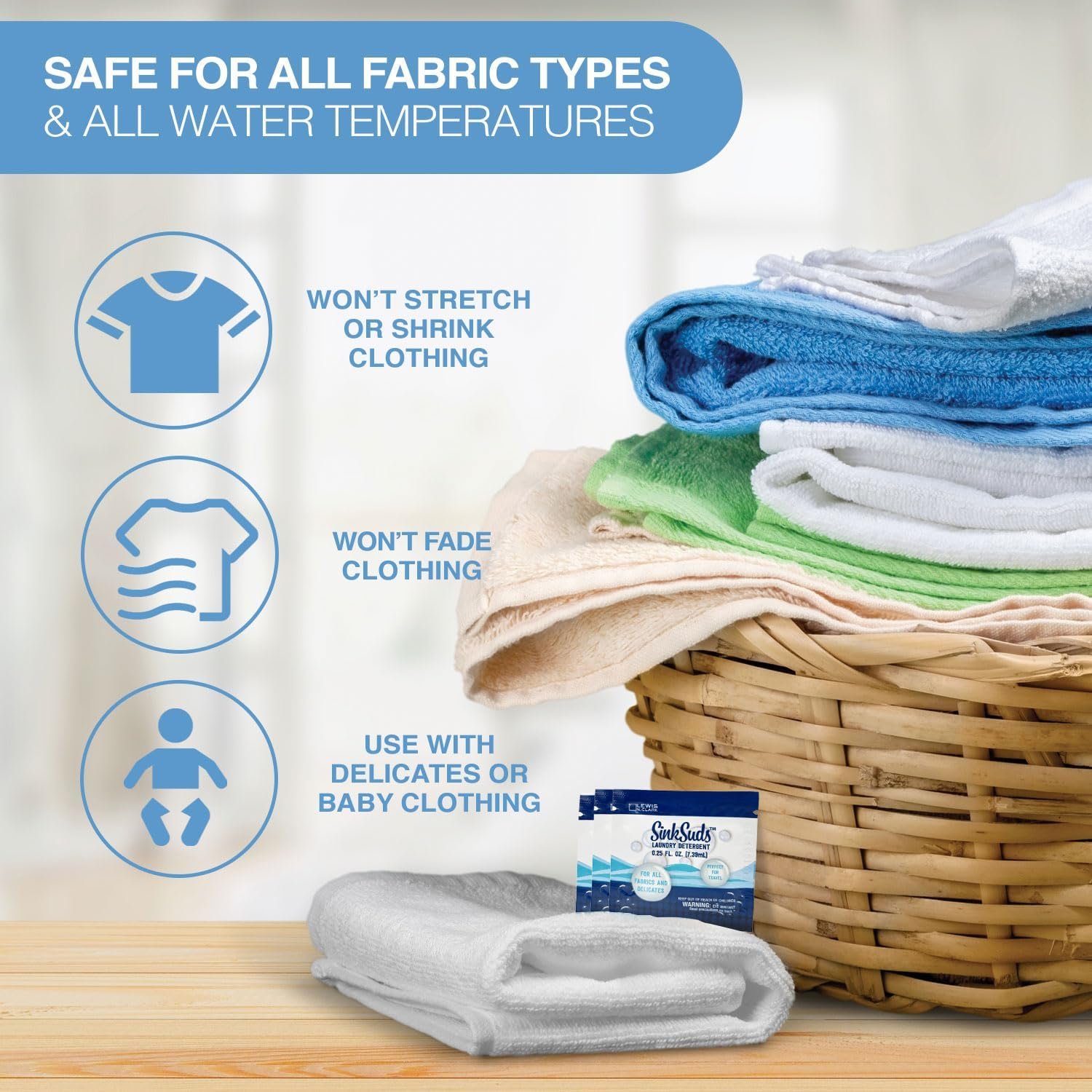 SinkSuds Laundry Detergent Travel Size Liquid Soap TSA Compliant Safe for All Fabrics 12 Packets & 2 Sink Stoppers - Image 2