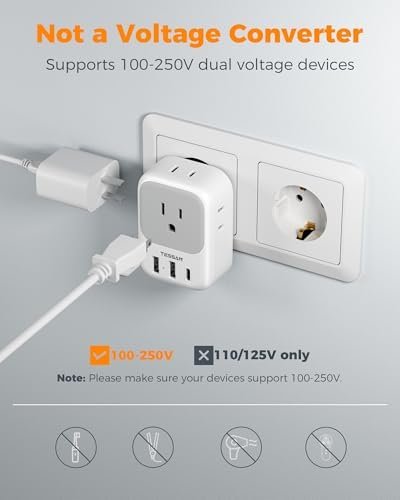 TESSAN European Travel Plug Adapter USB C 3 Pack, US to Europe Plug Adaptor with 4 AC Outlets 3 USB Charging Ports, Type C Power Adapter for USA to EU Euro Spain France Iceland Italy Germany Greece - Image 5