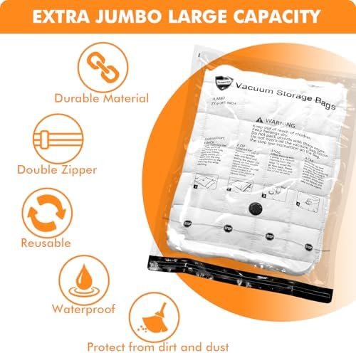 12 Pack Vacuum Storage Bags (3 Jumbo, 3 Large, 3 Medium, 3 Small),Plastic Packaging Bags,Space Saver Sealer Compression Bags with Travel Hand Pump for Blankets, Comforters, Pillows, Clothes Storage - Image 2