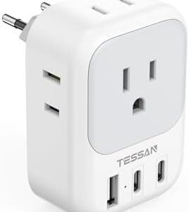 TESSAN European Travel Plug Adapter, Type C Power Adaptor with 4 AC Outlets 3 USB Ports (2 USB C), Europe Outlet Adapter for USA to EU Euro International Italy Iceland Spain France Greece Germany