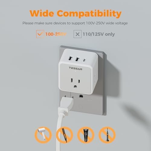 TESSAN Universal Travel Adapter Kit, 6-in-1 International Power Adapter with 3 USB (1 USB C) and 3 AC Outlets, Wordwide Adaptor Supports Type C, G, E/F, I, A, B for US EU UK Australia Japan, Grey - Image 6