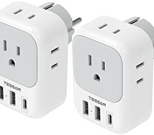 TESSAN 2 Pack Type E F Plug Adapter USB C, Germany France Power Adaptor with 3 USB Charger Ports, 4 AC Outlets Travel Plug for US to Europe EU Spain Iceland Korea Greece Russia German French