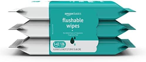 Amazon Basics Adult Wet Wipes Flushable Fragrance Free, 126 Count (3 Packs of 42) Packaging May Vary