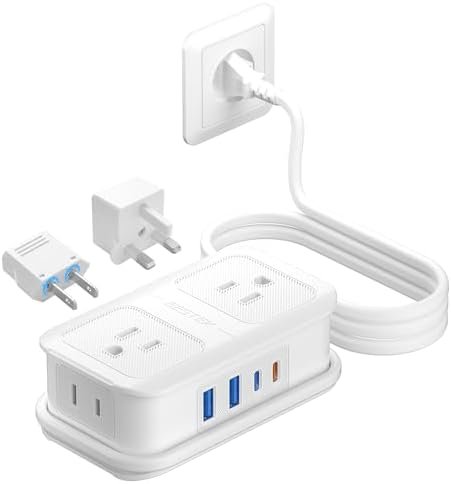BESTEK European Travel Plug Adapter: - 4 Outlets 4 USB Ports (2 USB C) with 3.6FT Wrapped Short Extension Cord, Small Portable Desktop Charging Station, Compact for Hotel Travel Cruise Essentials
