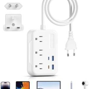 BESTEK European Travel Plug Adapter: UK Travel Plug Adapter- US to UK Europe Travel Power Strip with 20W USB C Charger - 3 AC Outlets, 4 USB Ports (White)