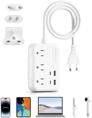 BESTEK European Travel Plug Adapter: UK Travel Plug Adapter- US to UK Europe Travel Power Strip with 20W USB C Charger - 3 AC Outlets, 4 USB Ports (White)