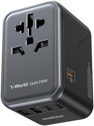 MOMAX Universal Travel Adapter, 70W GaN International Power Adapter, 3 USB-C & 2 USB-A, Worldwide Travel Plug Adapter, International Power Adapter for Most Europe, USA, Japan, Australia (Type C/A/G/I)