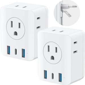 2 Pack European Travel Plug Adapter, Olcorife Foldable International Power Adapter with 4 Outlets 3 USB Ports, Type C Plug Adapter for US to Europe, Italy Spain Iceland France Germany