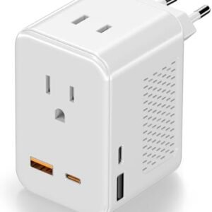 220V to 110V Voltage Converter US to Europe, European Travel Plug Adapter, PD 20W Quick Charging, 2 USB-A & 2 USB-C Port, Universal 1400W Power Converter Adapter Combo for Italy, Spain, France