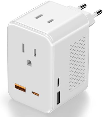220V to 110V Voltage Converter US to Europe, European Travel Plug Adapter, PD 20W Quick Charging, 2 USB-A & 2 USB-C Port, Universal 1400W Power Converter Adapter Combo for Italy, Spain, France
