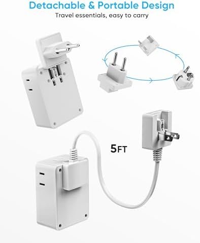 European Travel Plug Adapter, 5ft Detachable Extension Cord with Type C/G/E/F Plug Kit, 4 AC Outlets, 4 USB Ports (2 USB C), UK Germay France Greece Travel Plug Adapter - Image 3