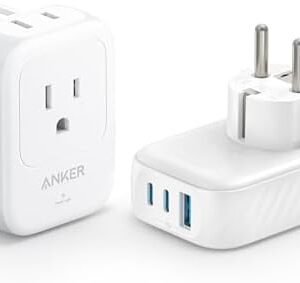 Anker (Pack of 2) USA to Europe International Plug Adapter, Travel Adapter, 15W Max with 2 AC, 2 USB-C & 1 USB-A Port, Ideal for iPhone 15, iPad Air & More, Compact for Travel, Cruise (TUV Listed)