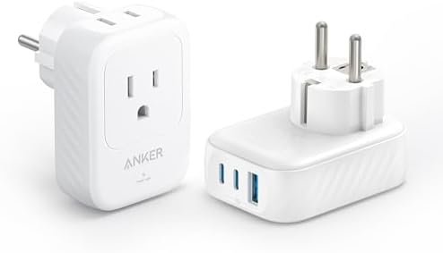 Anker (Pack of 2) USA to Europe International Plug Adapter, Travel Adapter, 15W Max with 2 AC, 2 USB-C & 1 USB-A Port, Ideal for iPhone 15, iPad Air & More, Compact for Travel, Cruise (TUV Listed)