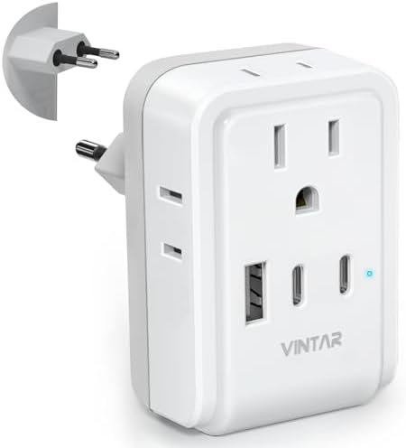 1 Pack European Travel Plug Adapter, VINTAR Europe Adaptor with 4 AC Outlets 3 USB Ports(2 USB C), Type C International Power Adapter for US to Most of Europe EU Italy Spain France Germany Iceland