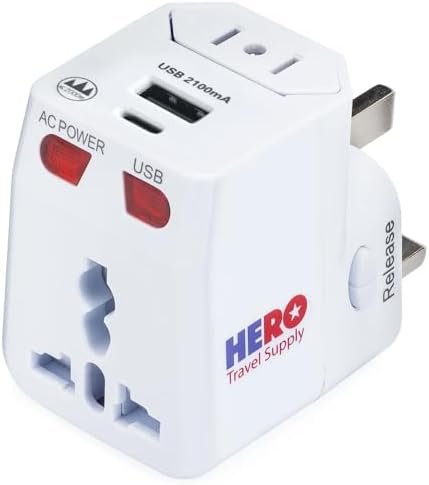 Hero Universal Travel Adapter (USB-C & 1 USB-A Port) Power Plug for US Europe France UK Ireland Thailand NZ Australia 100+ Countries (1-Pack)