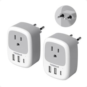 2 Pack European Travel Plug Adapter, TESSAN US to Europe Plug Adapter with 3 USB Ports (1 USB C), Type C Power Outlet for EU International Italy Iceland Spain France Germany