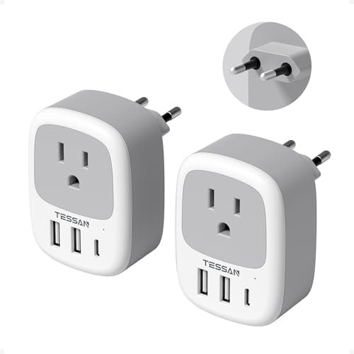 2 Pack European Travel Plug Adapter, TESSAN US to Europe Plug Adapter with 3 USB Ports (1 USB C), Type C Power Outlet for EU International Italy Iceland Spain France Germany
