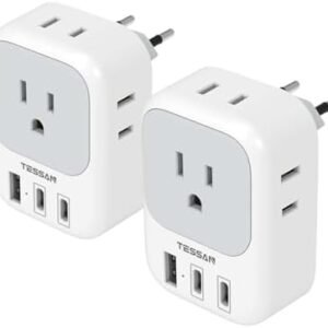 2 Pack European Travel Plug Adapter, TESSAN US to Europe Plug Adapter with 4 Electrical Outlets 3 USB Ports (2 USB C), Type C Power Adaptor for EU International Italy Iceland Spain France Germany