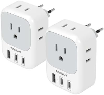 2 Pack European Travel Plug Adapter, TESSAN US to Europe Plug Adapter with 4 Electrical Outlets 3 USB Ports (2 USB C), Type C Power Adaptor for EU International Italy Iceland Spain France Germany