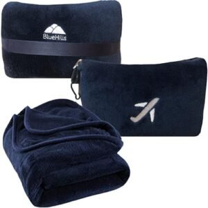 BlueHills Travel Blanket Pillow in Mini Soft Case Premium Plush Airplane Blanket in Soft Bag Compact Pack with Luggage Belt and Backpack Clip Long Flights Essentials Traveling Plane - Navy Blue M04