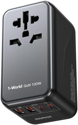 MOMAX Universal Travel Adapter, 100W Fast GaN International Power Adapter, 2PD USB-C+2QC USB-A Travel Adapter, US, UK, EU, AU Travel Adapter Worldwide for Laptops, Tablets, Phones, Vision Pro