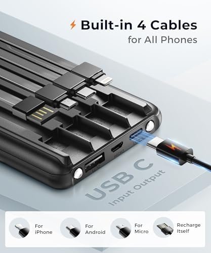 Portable-Charger-Power-Bank Travel Essentials Battery Pack USB C 10000mAh Built in Cable 22.5W Phone Fast Charging Powerbank Compatible with iPhone 16 15 14 13 12 11 iPad Samsung Google (Black) - Image 2