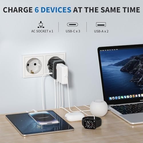 EPICKA Universal Travel Adapter, International Power Adapter with 2 USB-A & 3 USB-C Ports Wall Charger - Worldwide Travel Essentials, European Travel Plug Adapter for UK/US/AU (TA-105C, Black) - Image 3