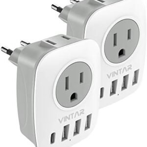 2 Pack European Travel Plug Adapter, VINTAR International Power Plug Adapter with 1 USB C, 2 American Outlets and 3 USB Ports, 6 in 1 Travel Essentials to Most of Europe Greece, Italy(Type C)