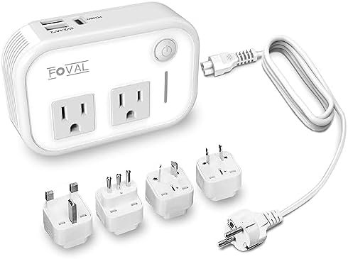 220V to 110V Converter Travel Adapter, FOVAL International Step Down Power Converter for Hair Straightener/Curler with 18W USB-C Port Voltage Converter US to Europe Italy UK AU China Plug (White)
