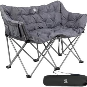 EVER ADVANCED Double Camping Chair for Adults, Padded Folding Camping Love Seat Bench with Side Pocket Portable Camping Couch, Two Person Heavy Duty Folding Outdoor Chair with Cushion,Support 600lbs