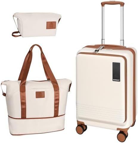 20 inch Small Carry On Luggage Front Open with Laptop Pocket, ABS+PC Hard Shell Suitcase with Spinner Wheels TSA Lock & YKK Zipper, 20in/Toiletry Bag/Handbag, Apricot Off White - Image 9