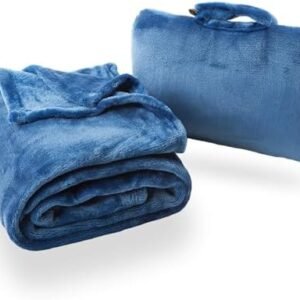 Cabeau Fold ‘N Go Travel Blanket Doubles as Neck Support Pillow, Versatile Lumbar Support Cushion, with Compact Travel Case - French Microfiber (Blue)