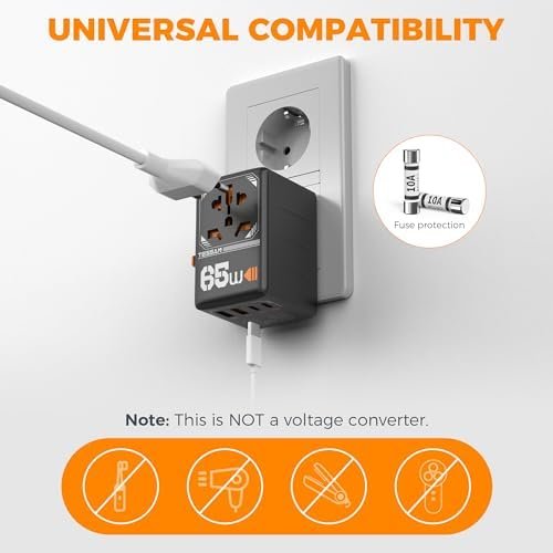 TESSAN Universal Travel Adapter, GaN 65W International Plug Adaptor with 4 USB(2 USB C) Charging Ports, Worldwide Power Outlet for US to European EU UK AUS Ireland(Type C/G/A/I) - Image 5