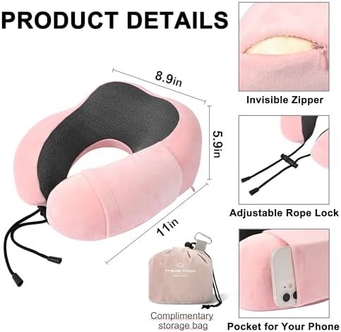 Pink Travel Neck Pillow and Blanket Set for Airplane Travel Essentials Womens Memory Foam Neck Pillow and Compact Soft Airplane Blanket with Bag for Traveling Airport Car Sleeping - Image 3