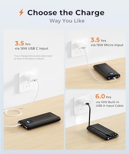 Portable-Charger-Power-Bank Travel Essentials Battery Pack USB C 10000mAh Built in Cable 22.5W Phone Fast Charging Powerbank Compatible with iPhone 16 15 14 13 12 11 iPad Samsung Google (Black) - Image 7
