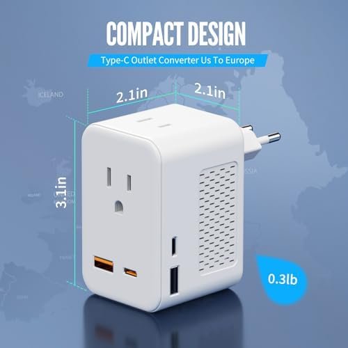 220V to 110V Voltage Converter US to Europe, European Travel Plug Adapter, PD 20W Quick Charging, 2 USB-A & 2 USB-C Port, Universal 1400W Power Converter Adapter Combo for Italy, Spain, France - Image 6
