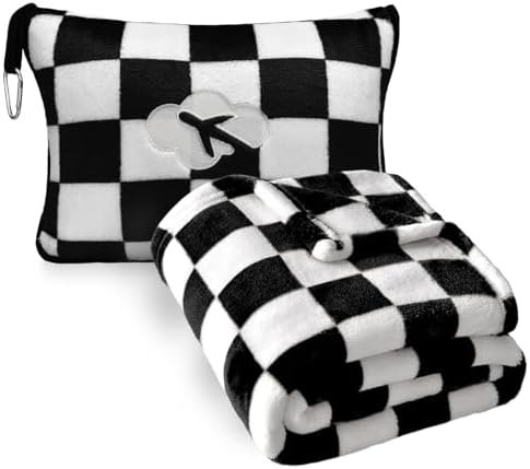 Travel Blanket and Pillow Compact, Premium Soft 2 in 1 Airplane Blanket with Soft Bag Pillowcase，Hand Luggage Sleeve and Backpack Clip (Checkered Black)