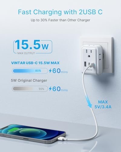 1 Pack European Travel Plug Adapter, VINTAR Europe Adaptor with 4 AC Outlets 3 USB Ports(2 USB C), Type C International Power Adapter for US to Most of Europe EU Italy Spain France Germany Iceland - Image 4