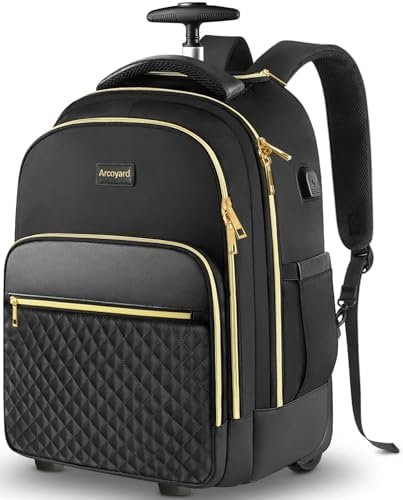 Rolling Backpack Carry On Luggage For Adults With Wheels, 40L Wheeled Backpack For Women, Travel Roller Bag, Black Gold