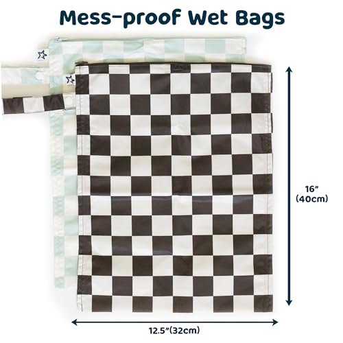 Tiny Twinkle Mess proof Waterproof Wet Dry Bag,2pk Reusable Wet Bags for Swimsuits&Baby Clothes,Leakproof Wet Bag,Waterproof Bag for Travel&Diaper bag,Wet Bags for Baby (Black, Green Checkers) - Image 4