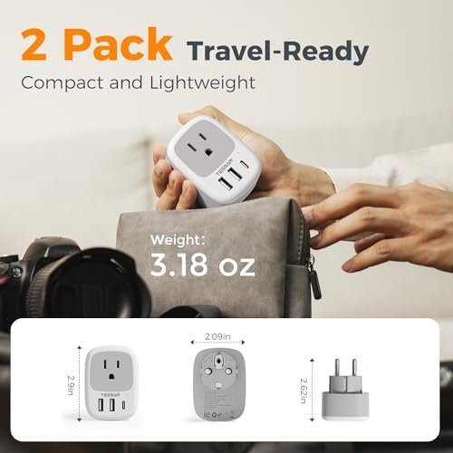 2 Pack Type E F Plug Adapter, TESSAN South Korea Outlet Adapter with 3 USB Ports (1 USB C), Schuko Travel Plug for US to Europe EU Spain Germany France Iceland Greece Russia Norway - Image 6