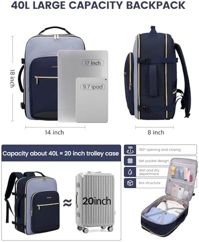 LOVEVOOK 40L Travel Backpack for Women & Men, Large Carry on Backpack for Airplanes with 3 Packing Cubes, TSA Personal Item Travel Bag fits 17" Laptop, Waterproof Weekender Essentials Airline Approved - Image 4