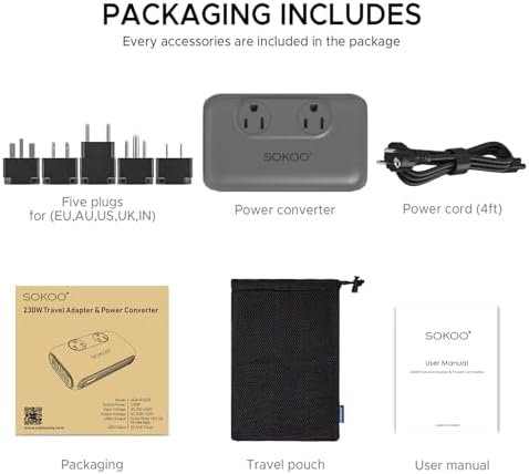 SOKOO 230-Watt Step Down 100-220V to 110V Voltage Converter, International Power Converter/Travel Adapter- Use for EU/UK/AU/US/India More Than 150 Countries, USB Quick Charger 3.0 Grey - Image 5