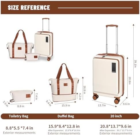 20 inch Small Carry On Luggage Front Open with Laptop Pocket, ABS+PC Hard Shell Suitcase with Spinner Wheels TSA Lock & YKK Zipper, 20in/Toiletry Bag/Handbag, Apricot Off White - Image 2