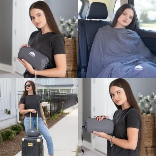 BlueHills Ultra Compact Travel Blanket Pillow in Portable Bag Case Soft 70 X 56 with Strap Backpack Clip Premium Cozy Soft Compact Pack Large Blanket for Airplane Flight Layover Grey - Gray C002 - Image 2
