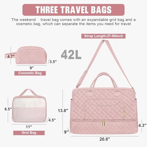 3 Pack Pink Travel Duffle Bag, Weekend Bags for Women with Shoe Compartment, Large Toiletry Personal Item Travel Carry on Bags with Wet Pocket, Gym Overnight Hospital Bag for Delivery Business Pink - Image 2