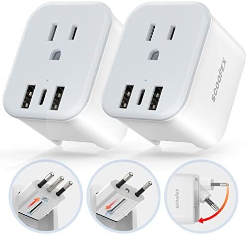 2 Pack Foldable European Travel Plug Adapter with 3 USB (1 USB-C Port) and 1 AC Power Outlet Charger for US to Most of Europe France Germany Spain and Italy (Type C/L)