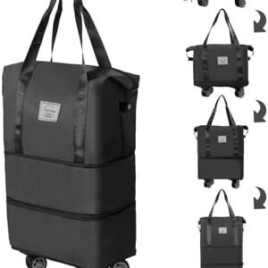 Finnhomy 50L Expandable Rolling Duffel Bag with Wheels Foldable Duffel Bag for Travel Carry on Bag with Wheels Luggage Travel bag Detachable Wheel Duffel Bag for Shopping Travel Outdoor, Black