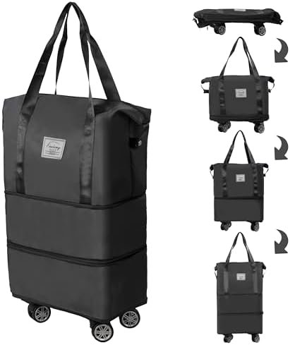 Finnhomy 50L Expandable Rolling Duffel Bag with Wheels Foldable Duffel Bag for Travel Carry on Bag with Wheels Luggage Travel bag Detachable Wheel Duffel Bag for Shopping Travel Outdoor, Black