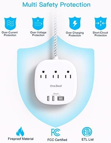 One Beat Flat Plug Power Strip, 5ft Flat Extension Cord, 3 Outlets 4 USB Ports (2 USB C) 22.5W/4.5A Desktop Charging Station Cruise Ship Power Strip No Surge Protection, Dorm Room Travel Essentials - Image 7
